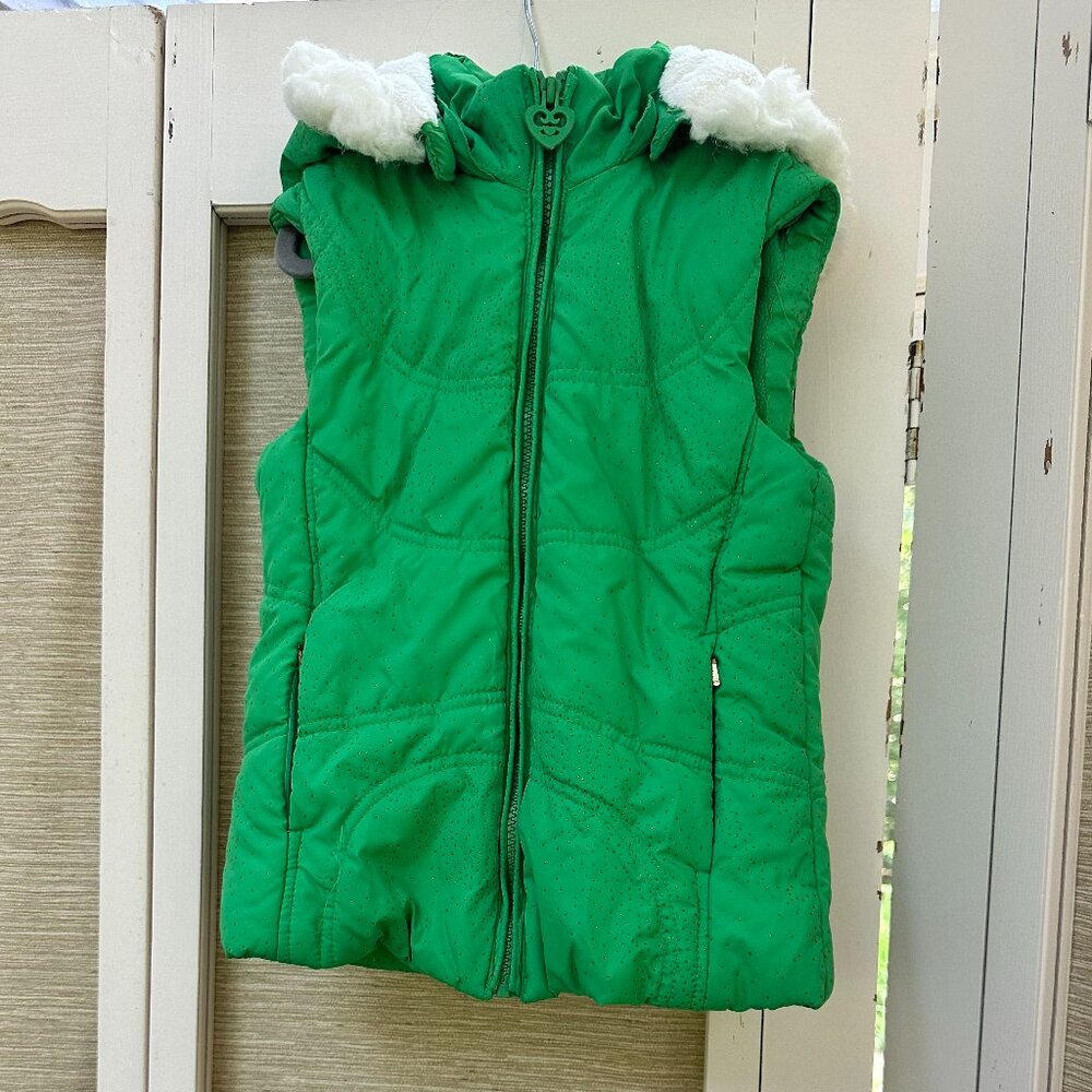 Childrens Place Girls Green Sparkle Puffer Vest Fur Hood 7 8 Removable Hood